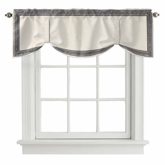 Black Cream Greek Key Tie Up Valance Curtains for Windows, Kitchen Curtains Window Shades, Geometric Greece Ancient Rustic Light Filtering Roman Curtain Valances for Bedroom/Bathroom/Cafe 42"x12"