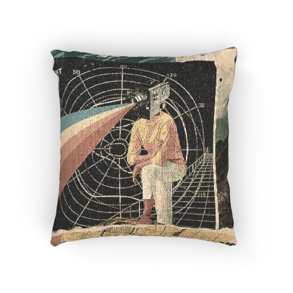 Black Cream Orange Red Surreal Camera-Head Figure Decorative Woven Pillow, 17 x 18 in, Cotton-Poly Shell