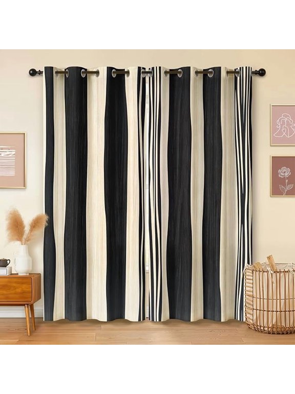Black and Cream Striped Curtains, Wood Grain Modern Farmhouse Blackout Curtains for Bedroom, Living Room Decor, Room Darkening Thermal Insulated Grommet Drapes 38"W x 45"L (Pack of 2)