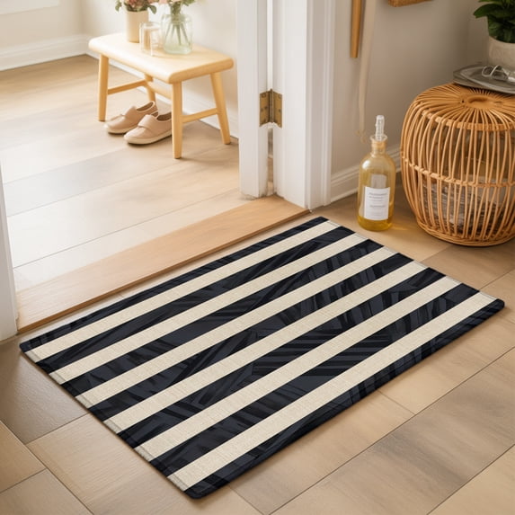 Black Cream Stripes Washable Small Entryway Area Rugs 2'x3', Minimalist Black Slant Line Washable Throw Rug Non-Slip Sturdy Edge Binding Carpet for Front Door Floor Room Entry