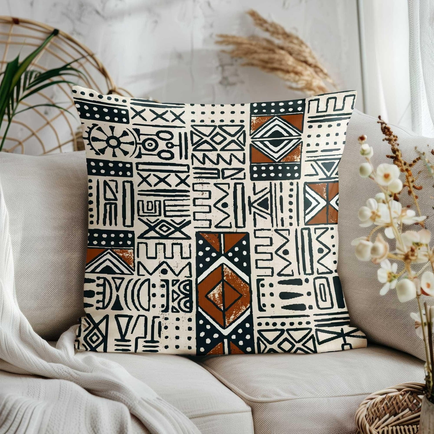 Rust Simbole Black, Cream and Rust Geometric Symbols Square Pillow Case, 100% ...