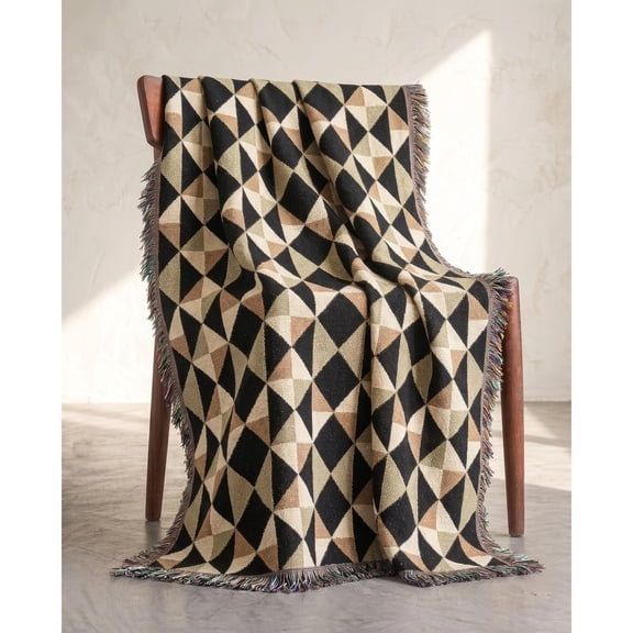 Black, Cream and Tan Geometric Diamond Woven Throw Blanket, 100% Cotton, Mid-Century Style for Living Room