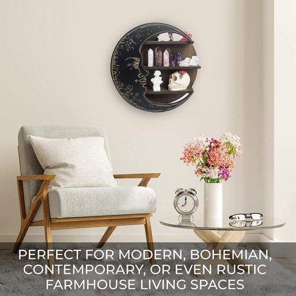 Black Crescent Moon Shelf - Rustic Wooden Crystal Holder for Healing Stones and Essential Oils - Wall-Mounted Crystal Shelf Display for Wall Decor - Witchy Gifts for Women