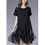 Black Crew Neck A-Line Dress, Short Sleeve Mesh Ruffle Hem Dress with ...