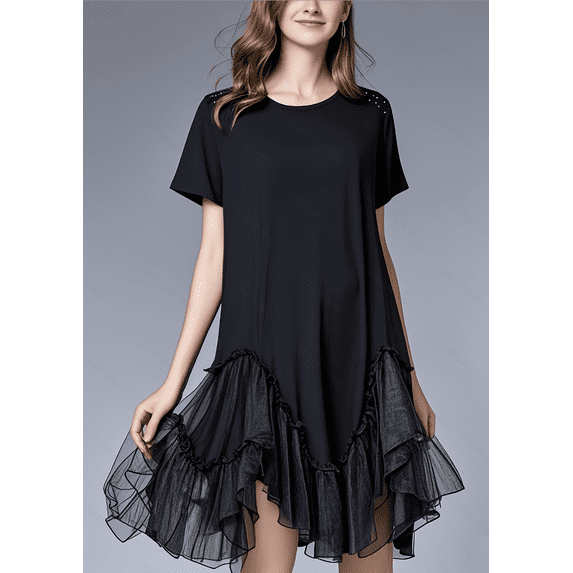 Black Crew Neck A-Line Dress, Short Sleeve Mesh Ruffle Hem Dress with Shoulder Stud Accents