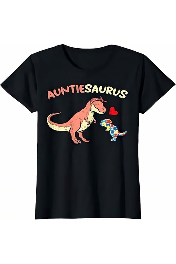 Black Crew Neck Tee - "AUNTIESAURUS" Autism Aunt Dinosaur Support Tee