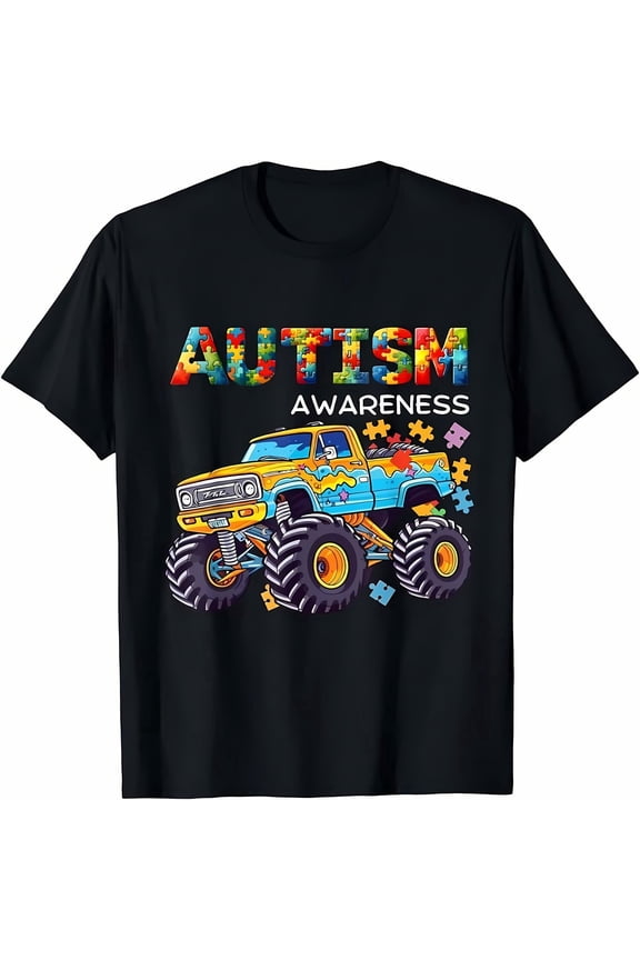 Black Crew Neck Tee - "AUTISM AWARENESS" Monster Truck Puzzle Kids Tee