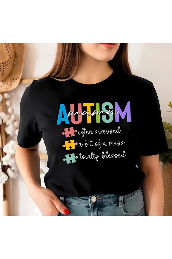 Black Crew Neck Tee - "AUTISM MAMA" Stressed Blessed Autism Support Tee