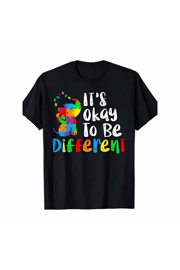 Black Crew Neck Tee - "IT'S OKAY TO BE DIFFERENT" Autism Puzzle Elephant Tee