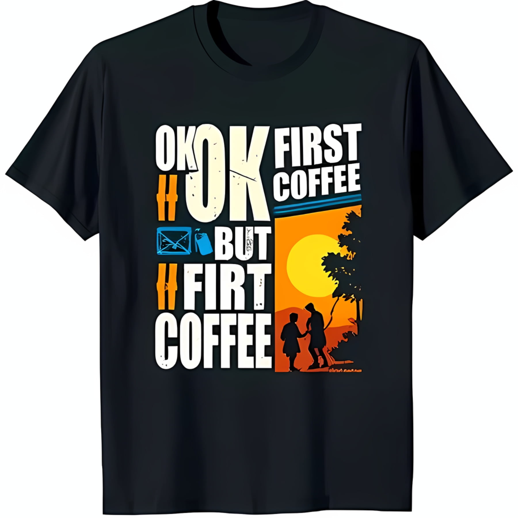 Black Crewneck TShirt with Bold 'Ok First Coffee' Graphic & Sunset