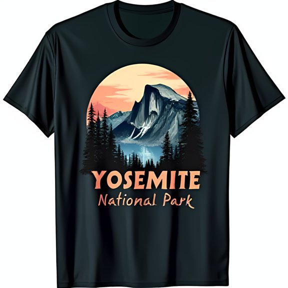 Black Crewneck T-Shirt with Yosemite Sunset Graphic & Yellow Text