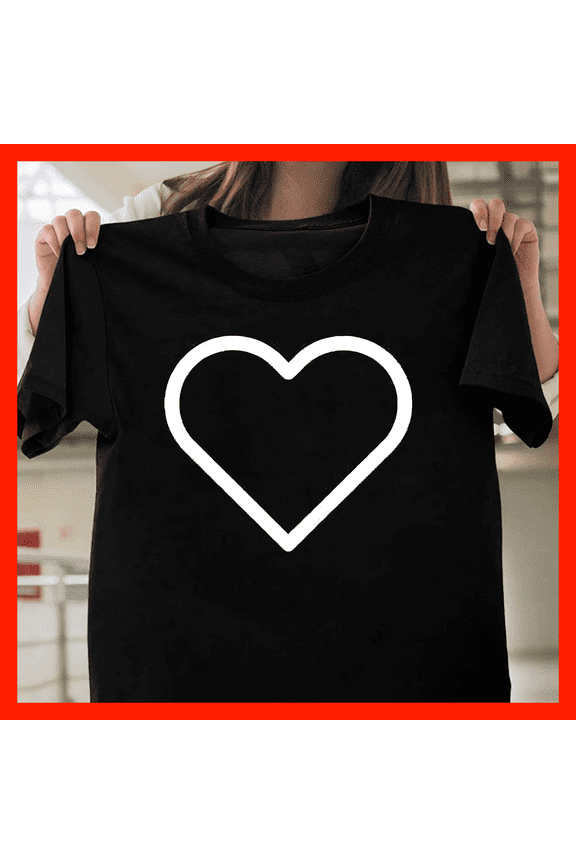 Black Crewneck with White Heart Outline - Minimalist Love Graphic Top G559, Premium Unisex Tee – Extended Sizes Up to 5XL