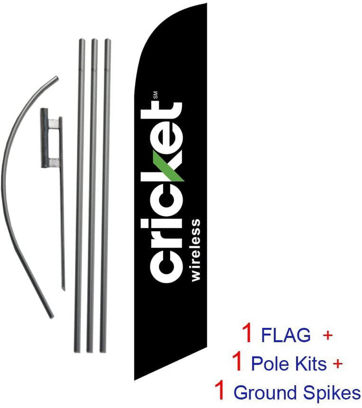 Black Cricket Wireless Advertising Feather Banner Swooper Flag Sign with Flag Pole Kit and Ground Stake