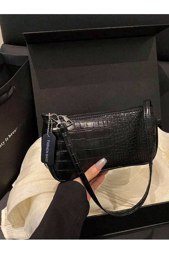Black Croc-Embossed Crescent Shoulder Bag With Adjustable Strap