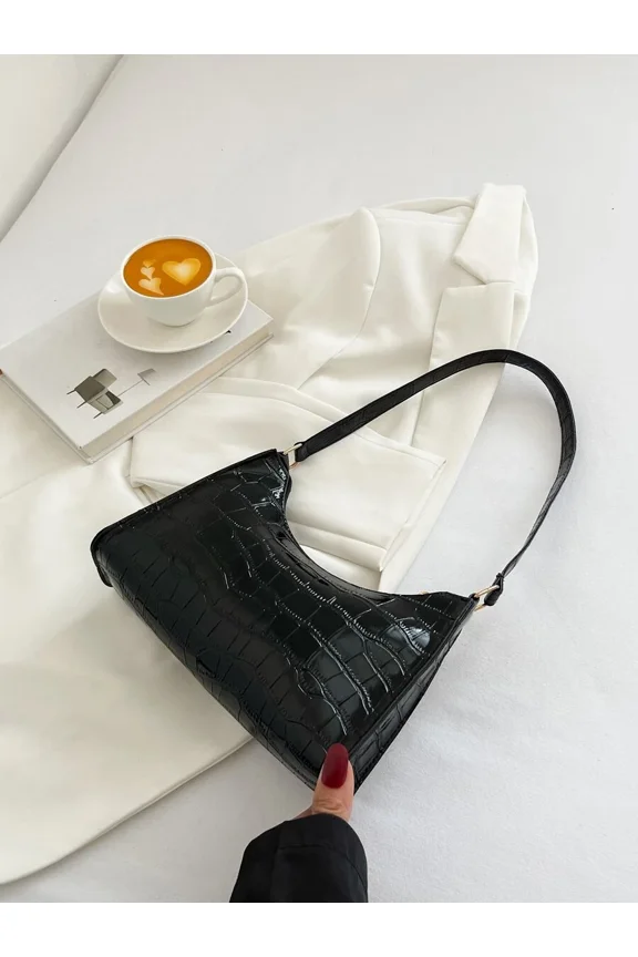 Black Croc-Embossed Glossy Shoulder Bag With Adjustable Strap