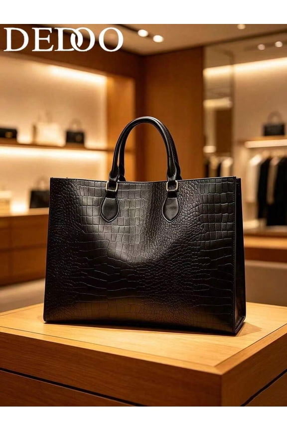 Black Croc-Embossed Large Tote Handbag For Work Daily Use