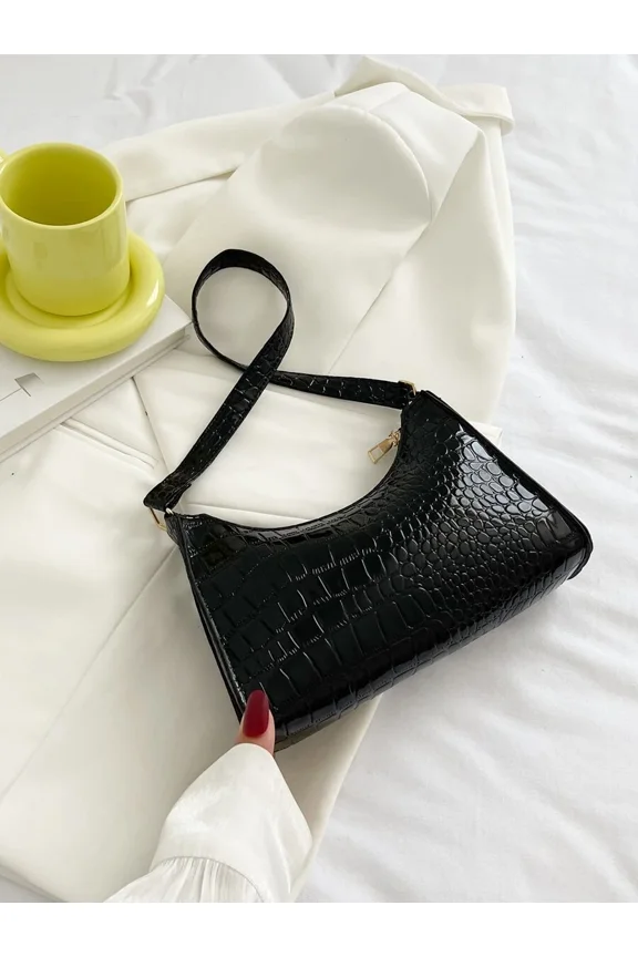 Black Croc-Embossed Mini Shoulder Bag With Adjustable Strap