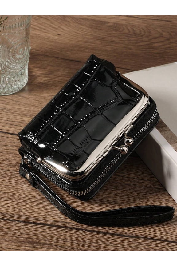 Black Croc-Embossed PU Leather Clasp Zipper Wallet With Coin Compartment