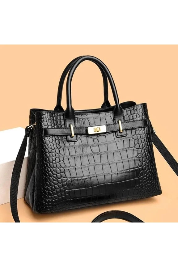 Black Croc-Embossed PU Leather Shoulder Bag with Gold Hardware