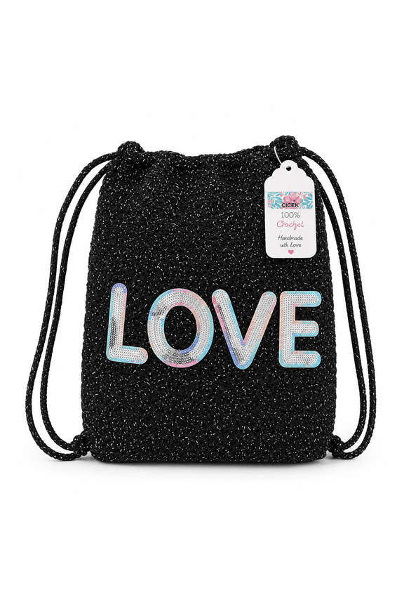 Black Glitter Crochet Drawstring Backpack for Girls Handmade Lightweight Summer Travel Beach Bag, Fashion Knit Tote Backpack with LOVE Sequin Design