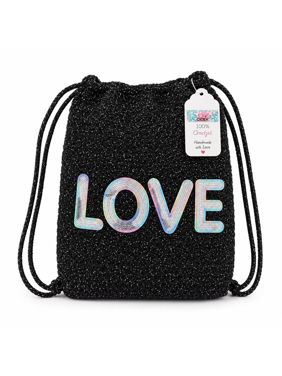 Black Glitter Crochet Drawstring Backpack for Girls Handmade Lightweight Summer Travel Beach Bag, Fashion Knit Tote Backpack with LOVE Sequin Design