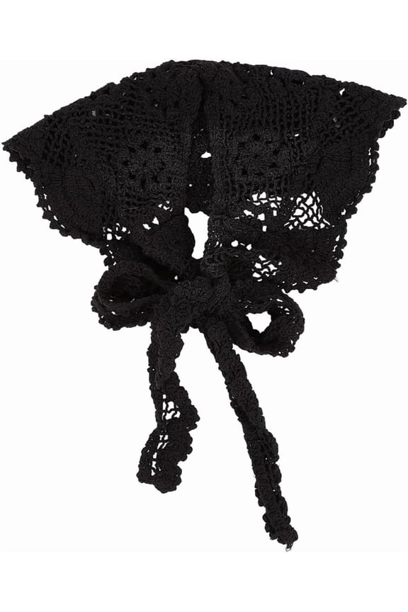Black Crochet Floral Scarf Knit Bandana Head Kerchief Hair Wraps Vintage Lace Flower Pattern Hollow Out Shawls False Collars Scarves for Women Costume Accessories Hair Styling Decoration 1pc