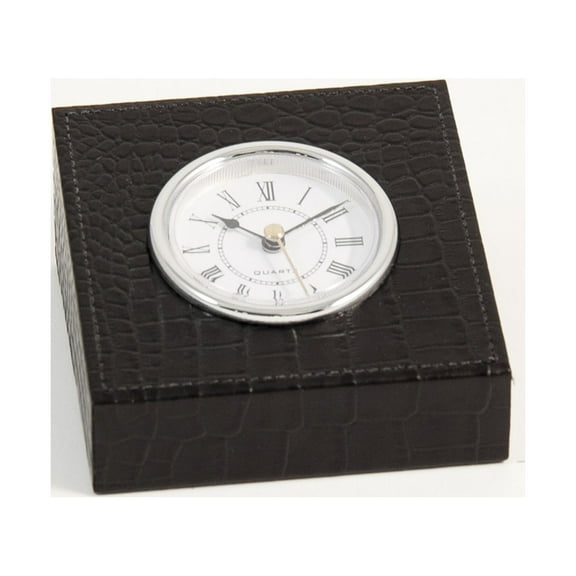 Black "Croco" Leather Quartz Clock with Silver Plated Accents.