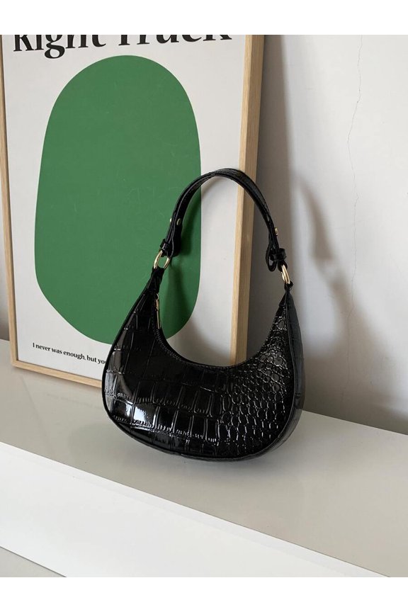 Black Crocodile Embossed Crescent Shoulder Bag With Gold-Tone Hardware