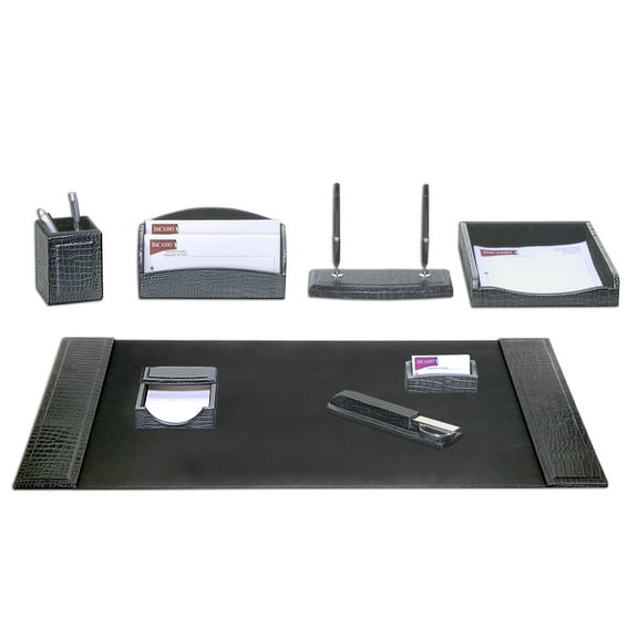 Black Crocodile Embossed Leather 8-Piece Desk Set
