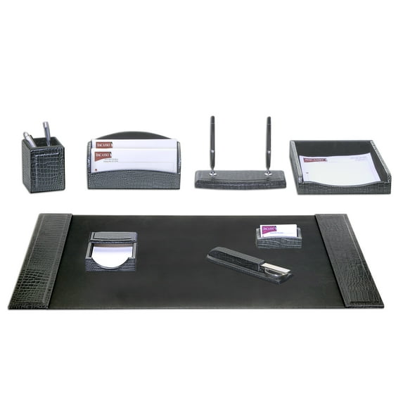 Black Crocodile Embossed Leather 8-Piece Desk Set