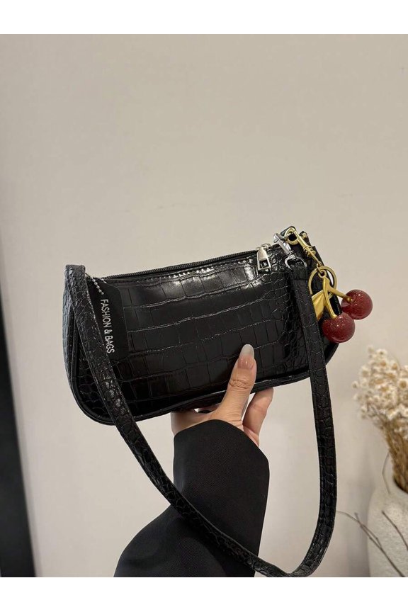 Black Crocodile-Embossed Mini Shoulder Bag With Zipper And Cherry Charm