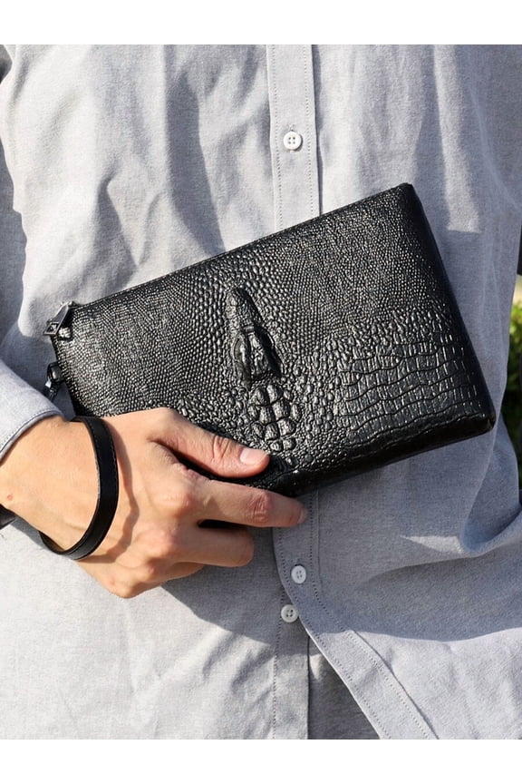 Black Crocodile-Embossed PU Leather Clutch Wristlet For Men