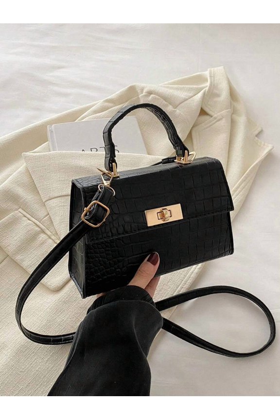 Black Crocodile Embossed PU Mini Top Handle Bag With Twist Lock