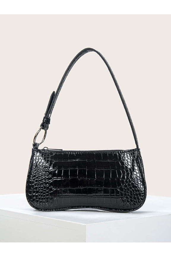 Black Crocodile Embossed Patent Leather Shoulder Bag