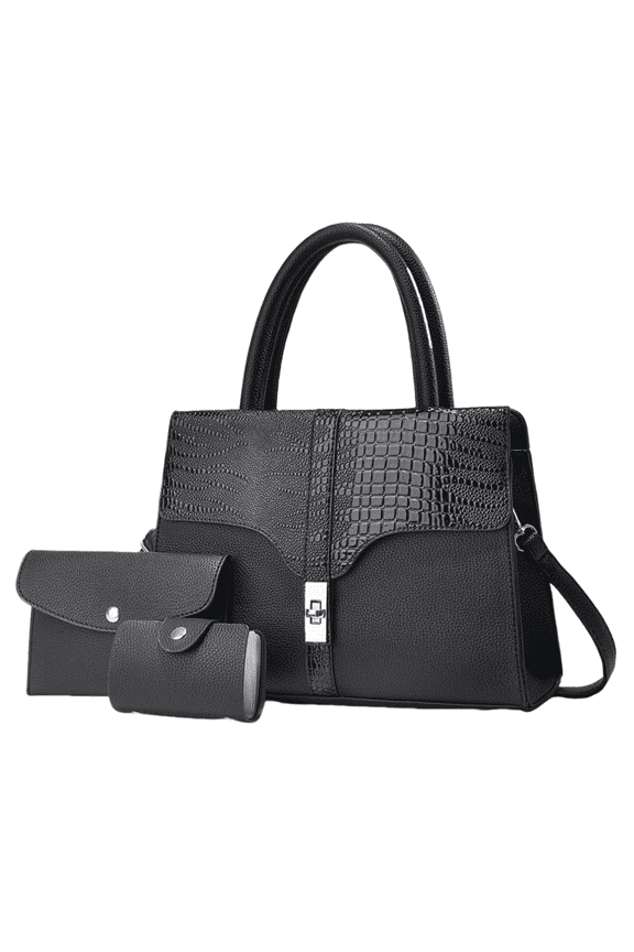 Classic Black Faux Crocodile 3-Piece Set (Tote+Wallet+Card Holder) - Soft, Waterproof & Durable, All-Match for Work/Daily, One Set Covers All Outings