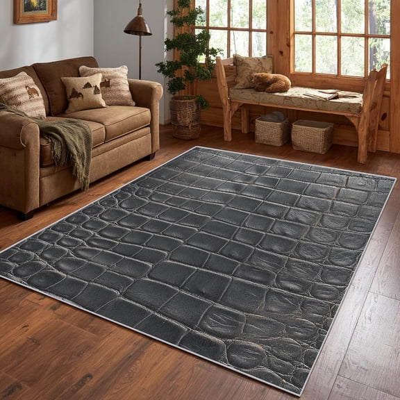 Black Crocodile Skin Area Rug, Alligator Texture Pattern Carpet, Washable Non Slip Low Pile Soft Thin, Living Room Bedroom Study Office Entrance Home Decor Mat 4x6ft