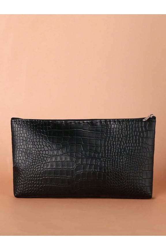Black Crocodile Texture Zipper Cosmetic Pouch