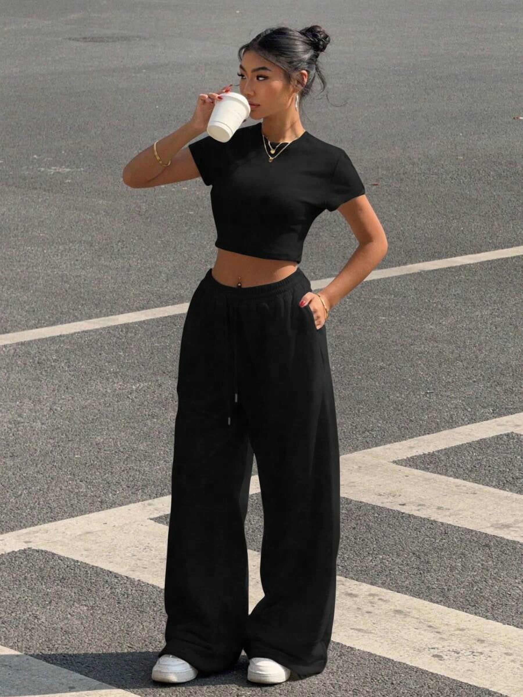 Black Cropped Round Neck Top And Wide Leg Drawstring Pants Two Piece black-cropped-round-neck-top-and-wide-leg-drawstring-pants-two-piece