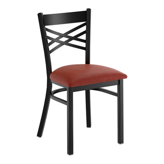 Black Cross Back Metal Restaurant Chair with Burgundy Vinyl Padded Seat - Commercial Quality Metal Restaurant Chair