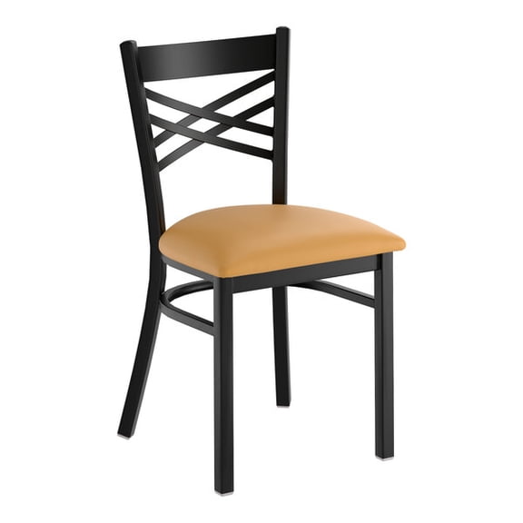 Black Cross Back Metal Restaurant Chair with Light Brown Vinyl Padded Seat - Commercial Quality Metal Restaurant Chair