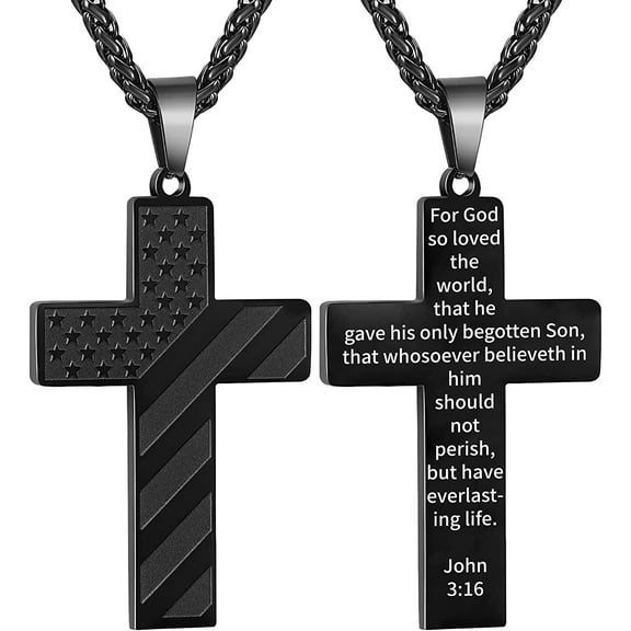 APSVO Black Cross Necklaces for Men Boys American Flag Pendant Chain Catholic Christian Religious Birthday Christmas Jewelry Gifts Teen Dad Boyfriend Son Adults Stocking Stuffer for Kids Age Ideas