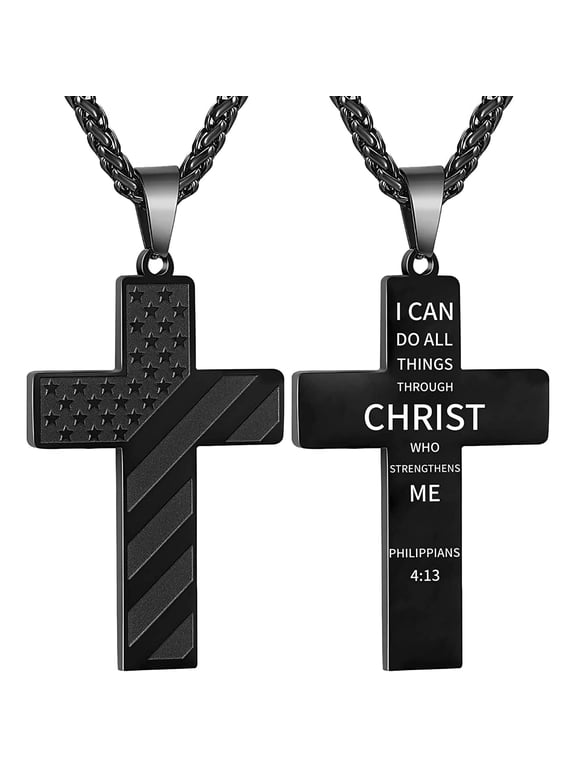 Christmas Jewelry Gifts for Men Teen Boys Kids Teenages Boyfriend Brother Son Grandson Graduates Black American Flag Cross Necklace Pendant Chain Religious Christian Jewelry Gifts Ideas Age