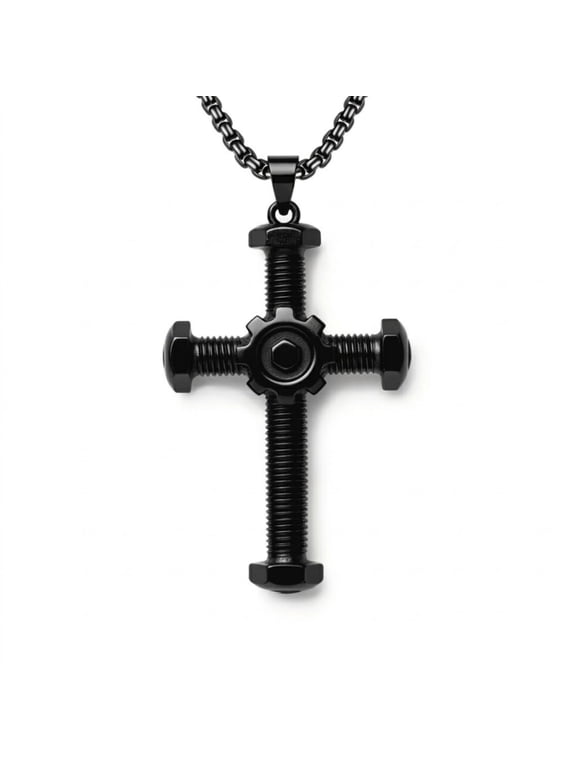 Black Cross Necklace for Men –Black Gold Plated Cross Pendant , Steampunk Nut and Bolt Design, Dark Mechanical Jewelry with Box Chain, Gift for Husband