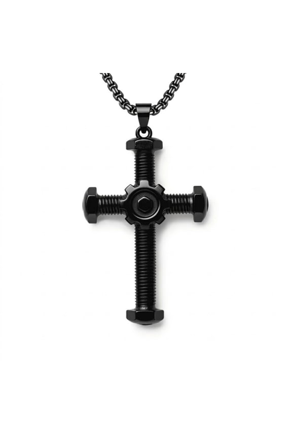 Black Cross Necklace for Men – Industrial Gear & Bolt Cross Pendant 40mm, Steampunk Nut and Bolt Design, Dark Mechanical Jewelry with Box Chain, Gift for Husband