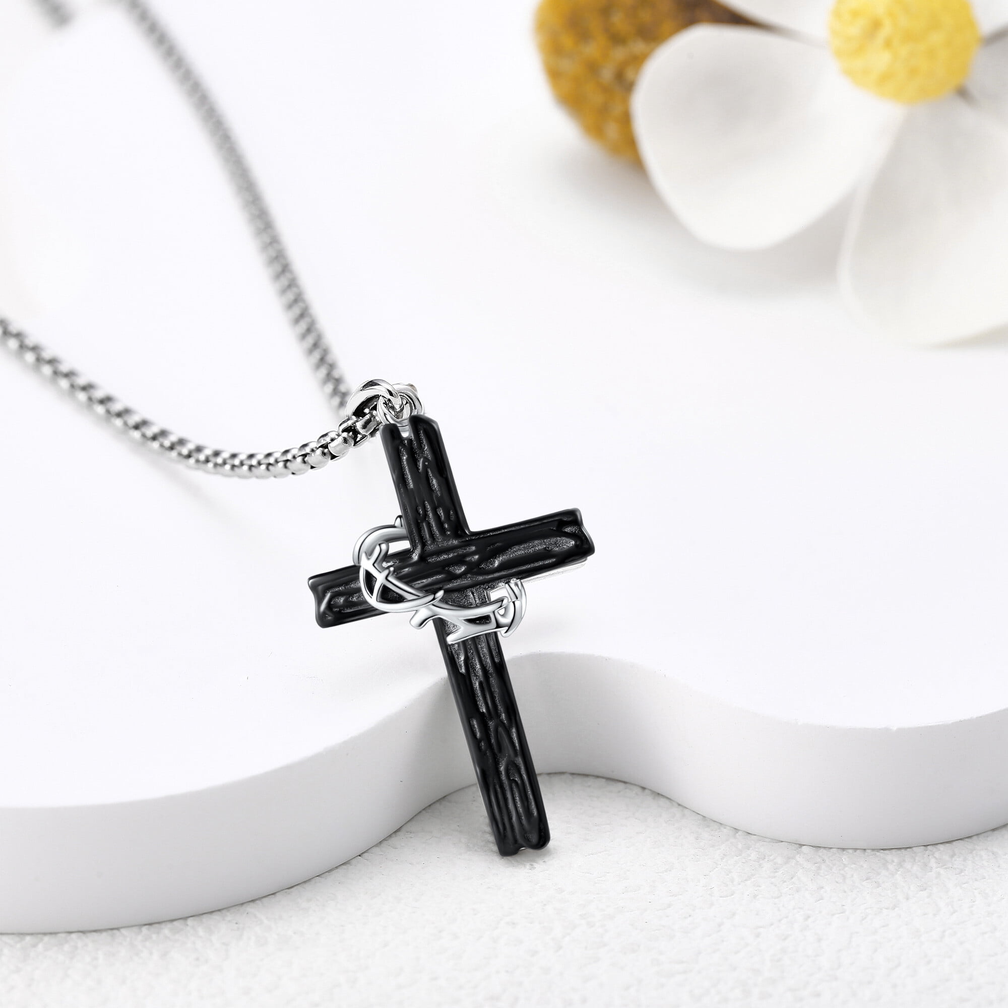 Black Cross Necklace Sterling Silver Jesus Thorn Crown Cross Necklace for Men Catholic Jewelry Gift for Father Brother Boyfriend Son