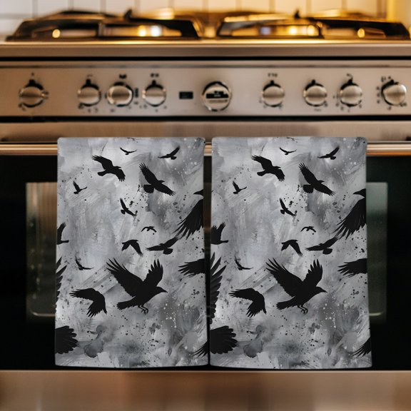 Black Crow Birds Kitchen Towels Set of 2, Abstract Spooky Grey Sky Wings Absorbent Dish Towels for Kitchen, Microfiber Hand Towel, Quick Drying Tea Towel for Cleaning Decorative Dishcloths