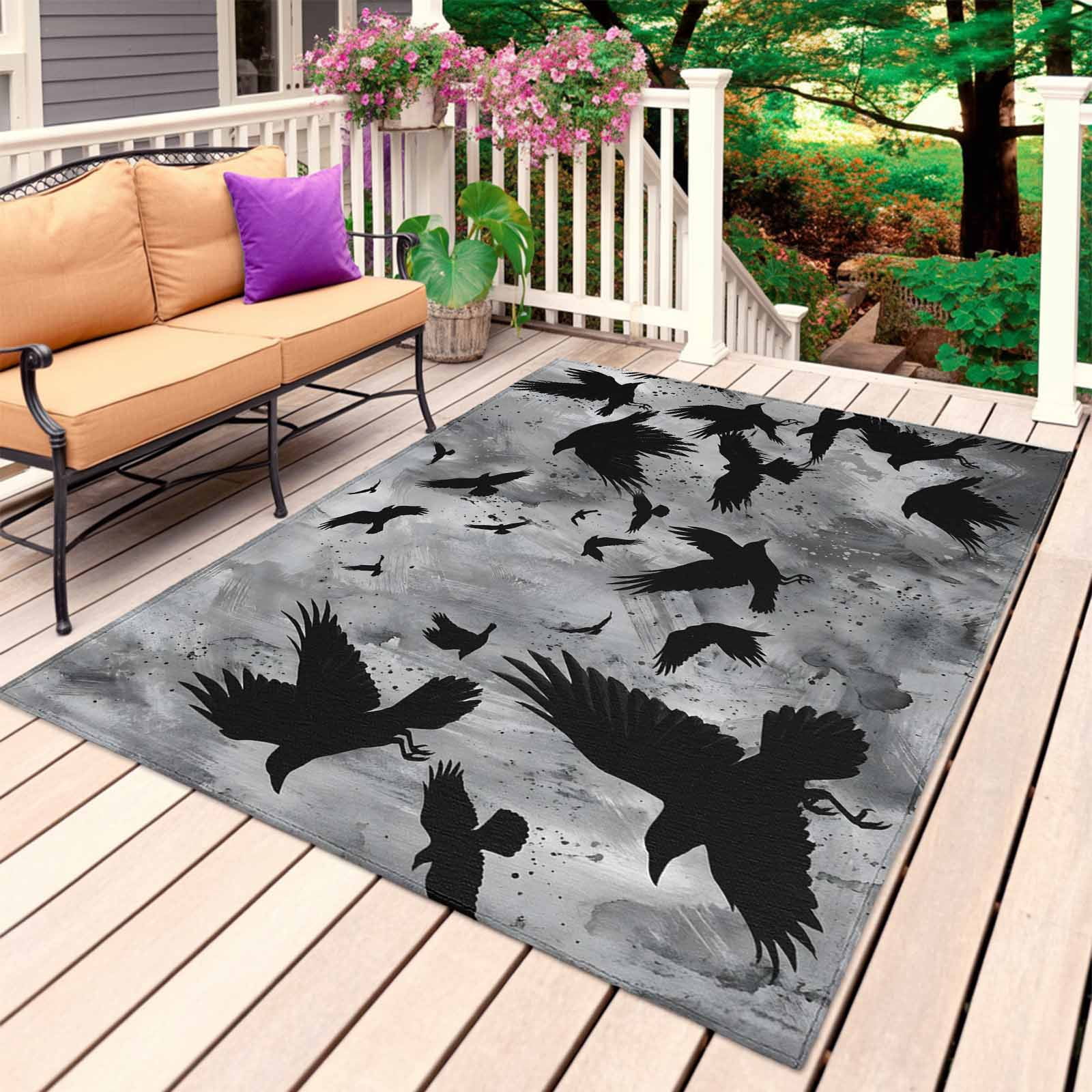 Black Crow Birds Outdoor Rug for Patio/Deck/Porch, Non-Slip Large Area ...