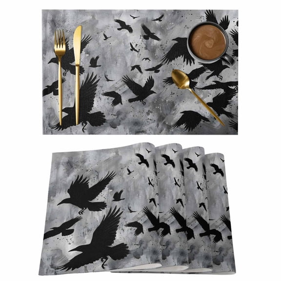 Black Crow Birds Placemats Set of 6 Abstract Spooky Grey Sky Wings Place Mats Indoor Wipeable Table Mats Washable Cloth Dining Table Placemats for Kitchen Holiday Party Home Decor 13x19 Inch