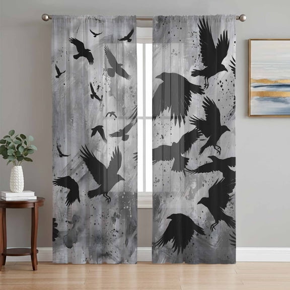 Black Crow Birds Sheer Curtains for Living Room Bedroom Abstract Spooky Grey Sky Wings Sheer Curtains 96 Inch Long 2 Panels Set Light Filtering Curtain Window Treatments Drapes for Dining Room