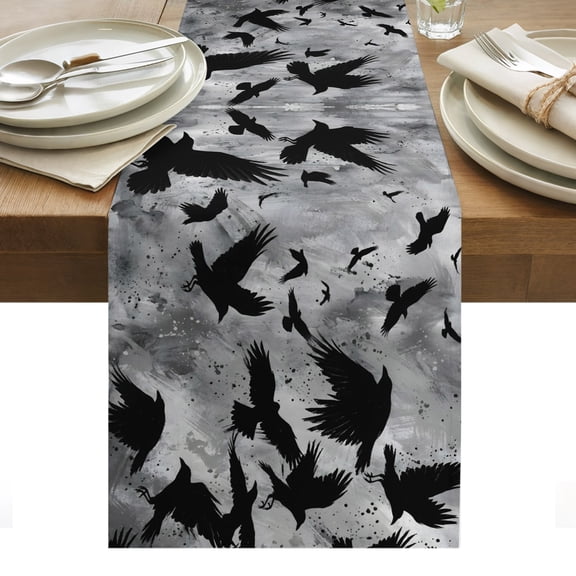 Black Crow Birds Table Runner Abstract Spooky Grey Sky Wings Tablerunners 14 x 72 Inch, Table Decorations Tabletop Scarf for Summer Gathering Holiday Farmhouse Kitchen Dining Decor